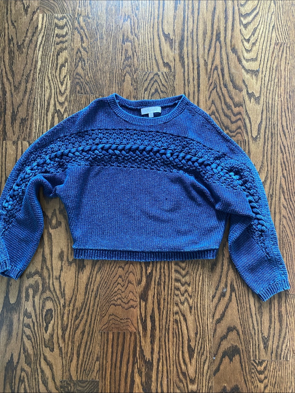 INTERMIX Blue Cropped Cable-Detail Crewneck Sweater